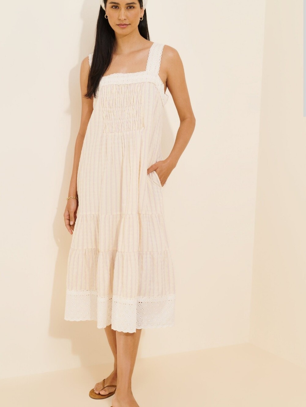 By Anthropologie 5Light Cream Tiered Sundress with Eyelet Trim